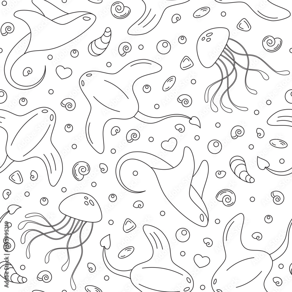 Naklejka premium Seamless underwater pattern with marine life, including jellyfish, snails, and mollusks in an aquatic ocean design. Fine outline doodle art style captures the essence of sea creatures. Perfect ocean