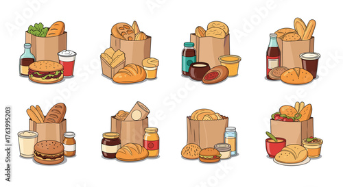 Delicious baked goods and fresh ingredients presented in charming paper bags, perfect for food blogs, menus, or culinary marketing.