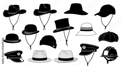 Diverse collection of iconic hats including cowboy, bowler, top hat, cap, fedora, and military styles, perfect for creative projects