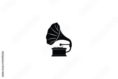 A striking black silhouette of a vintage gramophone on a white background