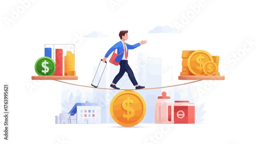 Businessman carefully balances on a tightrope with financial symbols representing risk and reward in business