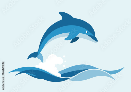 Leaping Dolphin Illustration with Sparkling Eye and Ocean Waves.