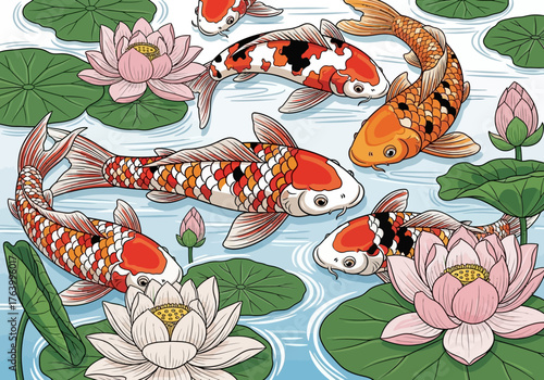 Colorful Koi Fish Swimming Among Lotus Flowers in a Pond Illustration.