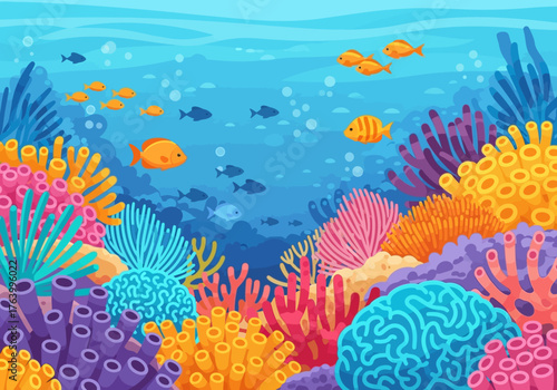 Colorful Coral Reef with Fish in Blue Ocean Cartoon Illustration.