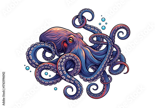 Detailed Illustration of a Blue and Purple Octopus with Curled Tentacles.