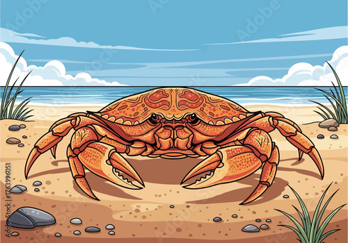 Cartoon Crab on Sandy Beach with Blue Sky.