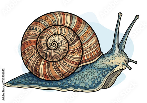 Ornate Snail Illustration with Detailed Shell and Blue Body.