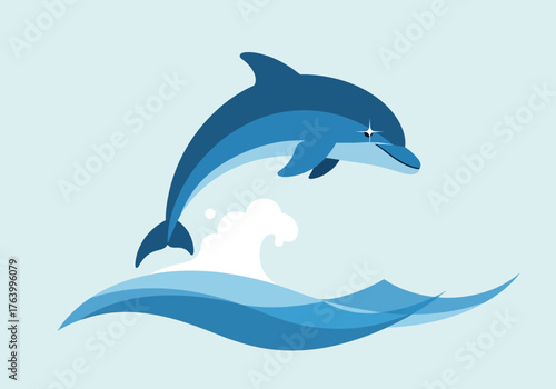 Cartoon Dolphin Leaping from Blue Waves with Starry Eye.
