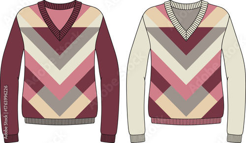 Chevron sweater vector illustration set, V-neck design, long sleeves, geometric pattern, color variations, front view, knitwear fashion template