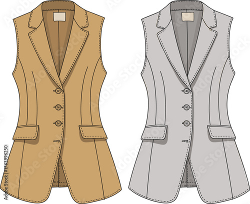 Tailored vest vector illustration set, sleeveless design, notched lapel collar, flap pockets, button closure, fitted silhouette, fashion template