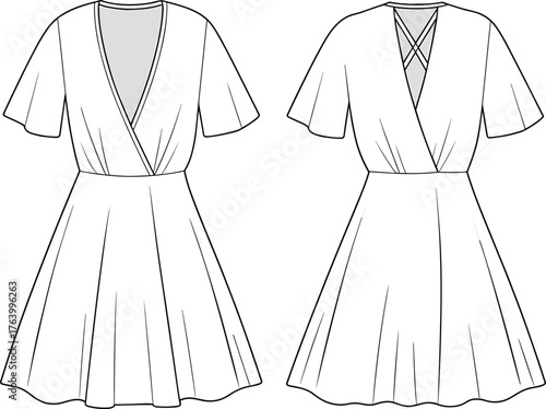 Women’s dress vector illustration set, front and back views, deep V-neckline, crisscross back straps, pleated skirt, short sleeves, fashion template