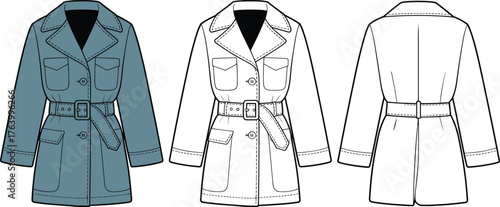 Trench coat vector illustration set, front and back views, belted waist, flap pockets, lapels, button closure, fashion technical design template