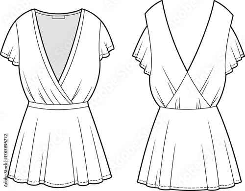 Women’s romper vector illustration set, front and back views, deep V-neckline, flutter sleeves, fitted waist, flared bottom, fashion design template