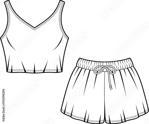 Sleeveless crop top and shorts vector illustration set, front and back views, V-neckline, drawstring waistband, stitching details, fashion template