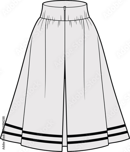 Structured midi skirt vector illustration, front and back views, high waistband, center zipper, panel seams, decorative hem stripes, fashion template