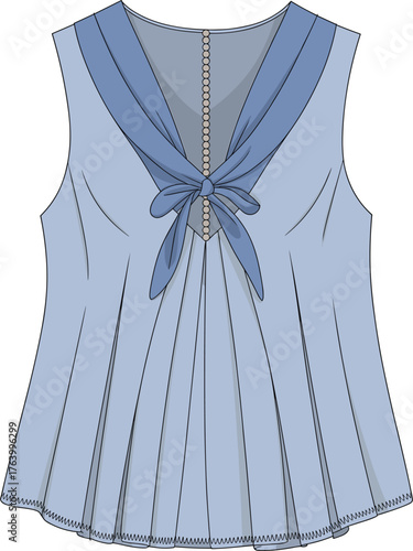 Sleeveless blouse vector illustration, front and back views, V-neckline with tie detail, tailored seams, flowy hem, elegant fashion design template