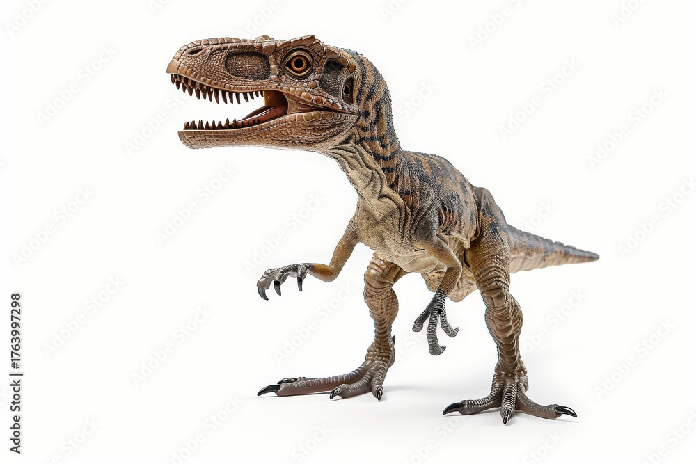 Obraz premium Dinosaur on Display: An astonishing figurine of a raptor. The creature's sharp claws and a detailed texture, capturing the allure of a prehistoric hunter.