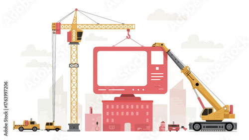 Construction crane assembling a large vintage television set atop a building symbolizing technological development and progress
