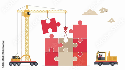 Construction crane and truck assembling a large puzzle symbolizing teamwork and problem solving