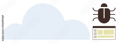 Bug icon, cloud, and user interface window connecting cloud computing with software testing, debugging, cybersecurity, and web development concepts. Ideal for tech, data transfer, app management