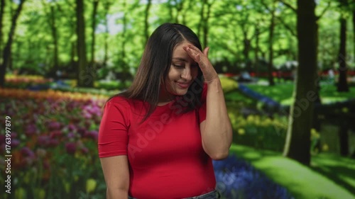 Woman in red shirt with hand to forehead standing in forest among green trees and flowerbeds, smiling awkwardly; embarrassment reflection.