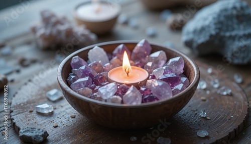 Relaxing Scene With Bowl of Colorful Crystals and Candlelight on Wooden Tabletop