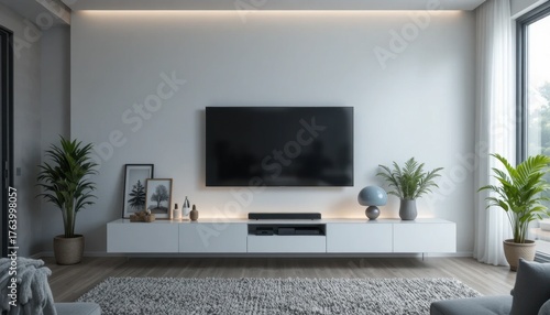 Modern Living Room With Minimalist Design and Serene Atmosphere Featuring a Large Television