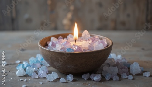 Candle Flame Surrounded by Colorful Crystals in a Rustic Wooden Setting