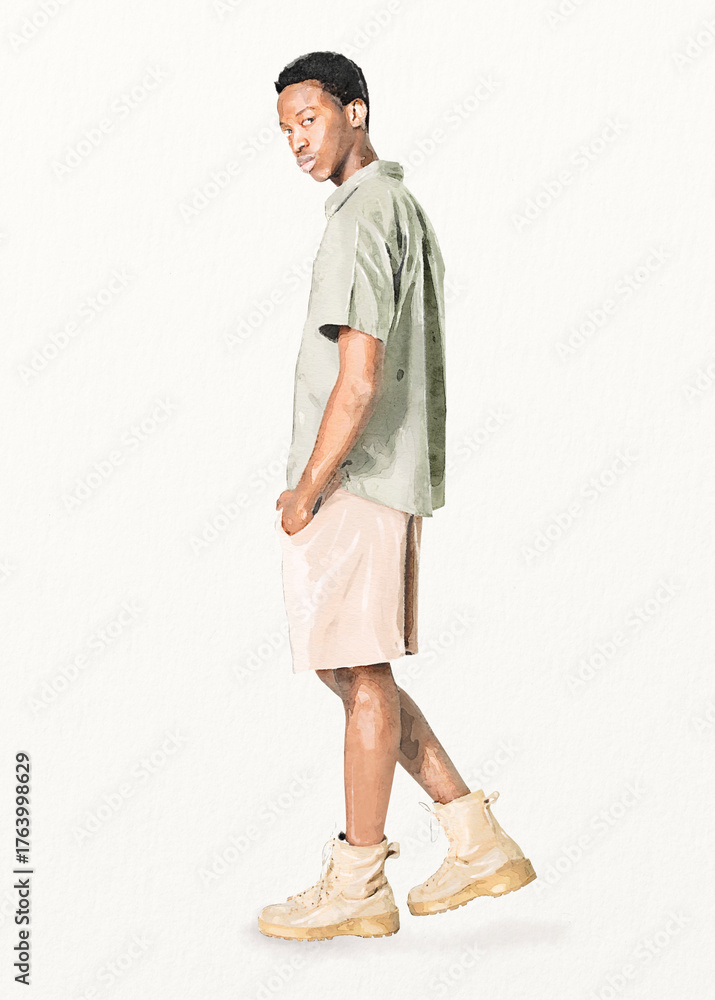 Naklejka premium Teenage boy, street fashion, watercolor illustration, full body