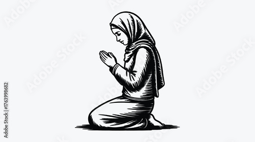 Woman in hijab kneeling in prayer in a sketch style illustration
