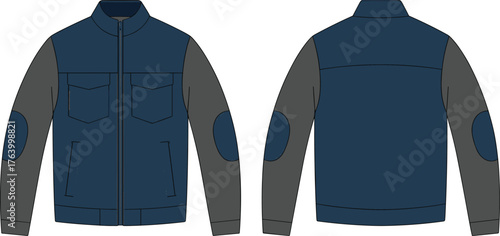 Two-tone zip-up jacket technical sketch vector illustration set, front and back views, flap chest pockets, elbow patches, stand collar, fashion template