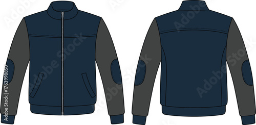 Two-tone zip-up jacket vector illustration set, front and back views, ribbed collar, elbow patches, slanted pockets, fashion design template