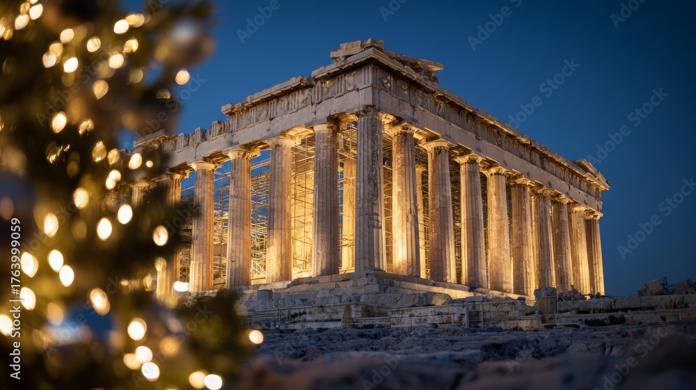 Obraz premium Parthenon, Greece, decorated with Christmas lights