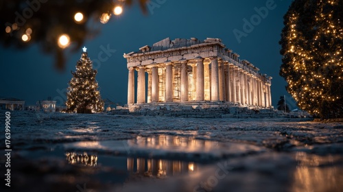 Fototapeta Naklejka Na Ścianę i Meble -  Parthenon, Greece, decorated with Christmas lights