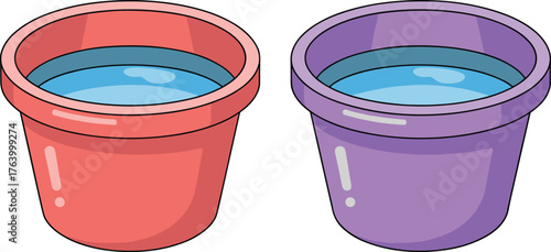 Water bucket vector illustration set, red and purple containers, filled with water, cylindrical shape, wide rim, household utility design