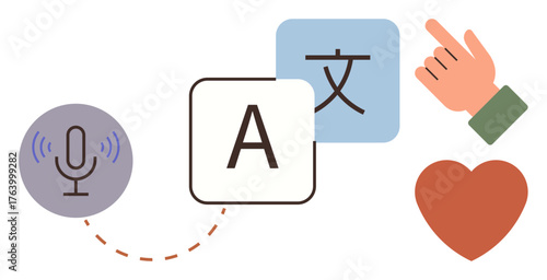 Microphone, language icons, pointing hand, and heart represent translation, communication, inclusivity, and connection through speech, text emotion. Ideal for team collaboration language tools