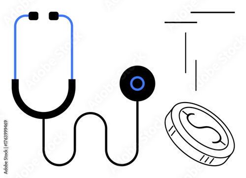 Stethoscope and coin illustrating healthcare and financial management. Ideal for medicine, healthcare economy, budgeting, health insurance, medical finance, wellness, simple flat metaphor