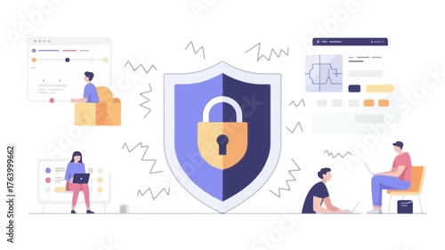 Digital security shield protecting data and privacy with people interacting with technology and information