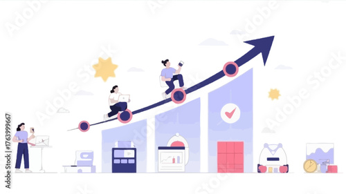 Teamwork and collaboration drive business growth and success illustrated by people climbing an upward trending graph