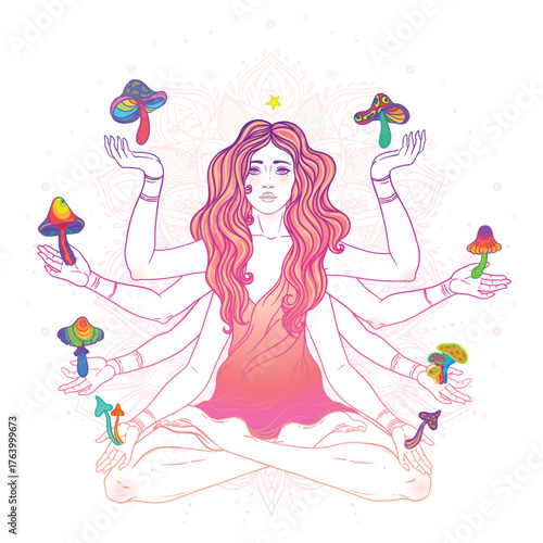 Vector illustration of a multi-armed goddess sitting in lotus pose surrounded by mushrooms. Spiritual and psychedelic concept inspired by Lakshmi, symbolizing harmony, nature, and inner awakening.