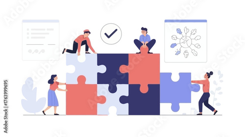 Diverse team collaborates to assemble a large colorful jigsaw puzzle symbolizing teamwork and problem solving