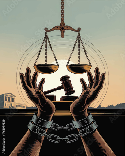 Justice and Injustice Concept Illustration – Scales, Gavel, Handcuffed Hands, Courthouse, Legal System, Law and Order Art