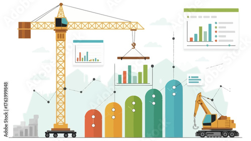 Construction crane and excavator illustrating business growth and financial data with colorful bar charts and graphs