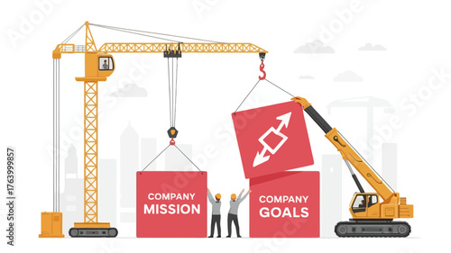 Two construction cranes meticulously build a company s mission and goals symbolizing strategic development and corporate achievement