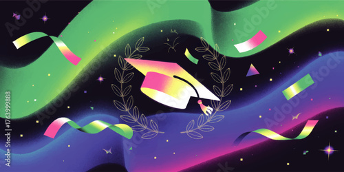 Vibrant Graduation Cap Illustration With Colorful Confetti and Laurels on Abstract Night Background – Celebratory Academic Art