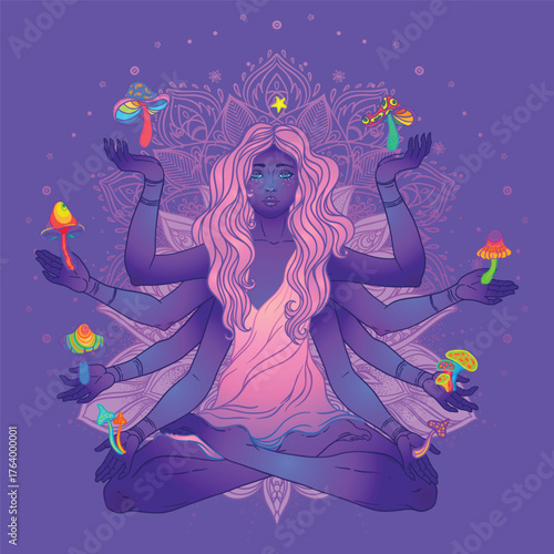 Vector illustration of a multi-armed goddess sitting in lotus pose surrounded by mushrooms. Spiritual and psychedelic concept inspired by Lakshmi, symbolizing harmony, nature, and inner awakening.