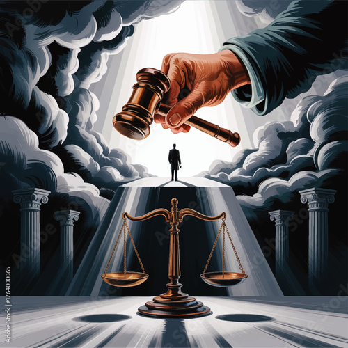 Dramatic Justice Concept Illustration with Judge’s Hand, Gavel, Scales, Court Columns, and Silhouette Under Spotlight