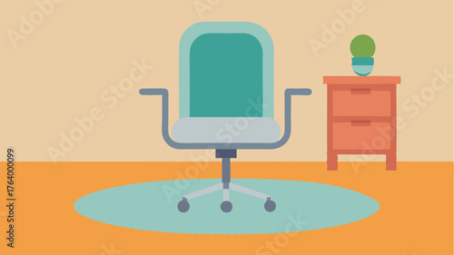 A soft grey rug beneath the desk complements a vibrant office chair creating a dynamic visual balance.