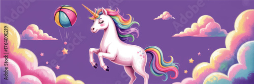 Magical Unicorn with Rainbow Mane Playing with Ball in Dreamy Pastel Cloud Sky Fantasy Illustration