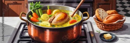 Delicious Homemade Chicken Soup with Vegetables Simmering in Pot on Stove, Fresh Bread and Butter, Inviting Kitchen Scene Illustration